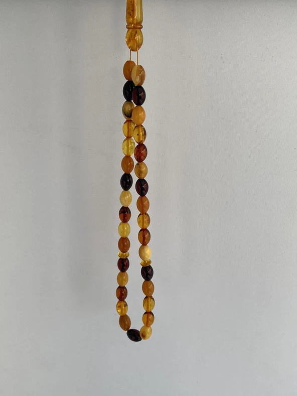 Renk Karması Doğal Kaya Damla Kehribar Tesbih 33lük 10x7mm 12,65 Gram