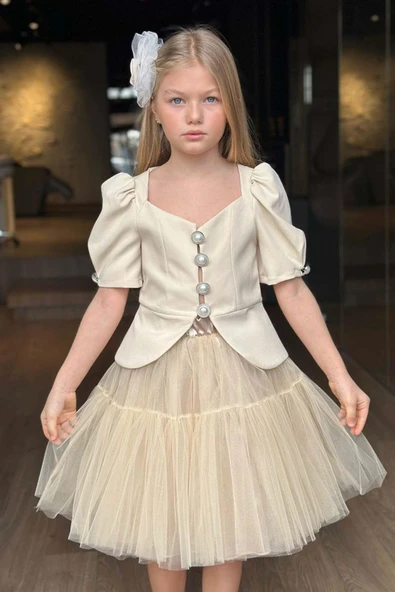 Kız Çocuk Karpuz Kol Düğme Detaylı Ceket Kat Kat Tül Krem Etekli Takım - Resim 5