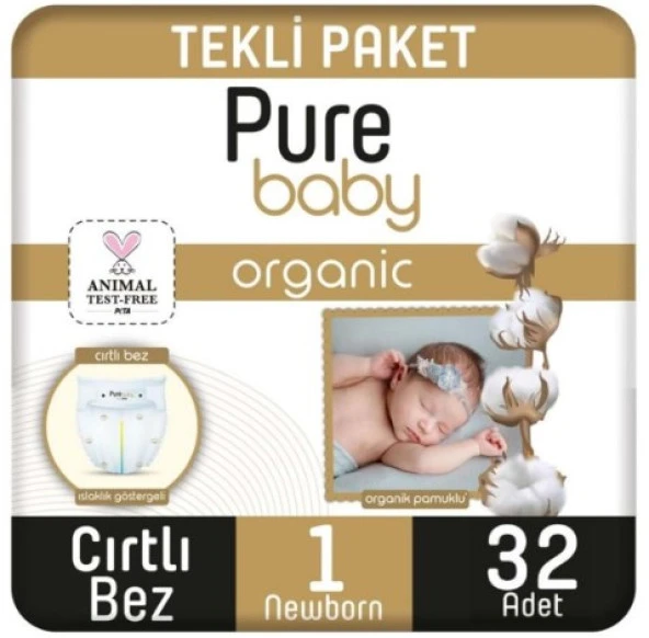 Pure Baby Organik Pamuklu 1 Numara Yenidoğan 32'li Bebek Bezi
