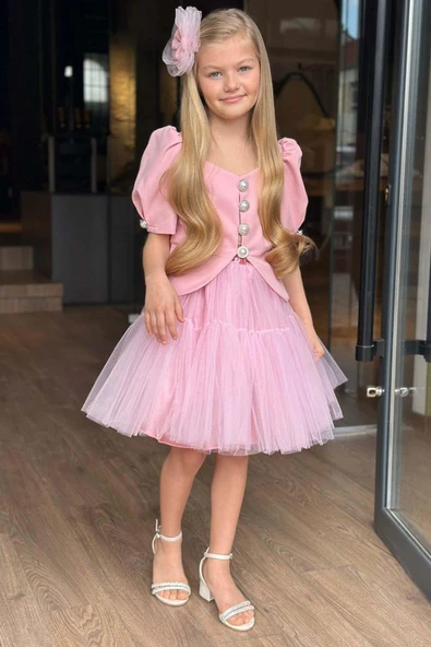 Kız Çocuk Karpuz Kol Düğme Detaylı Ceket Kat Kat Tül Pembe Etekli Takım - Resim 4