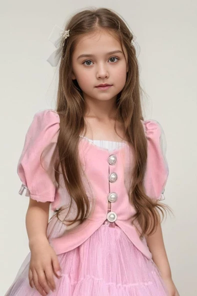 Kız Çocuk Karpuz Kol Düğme Detaylı Ceket Kat Kat Tül Pembe Etekli Takım - Resim 2