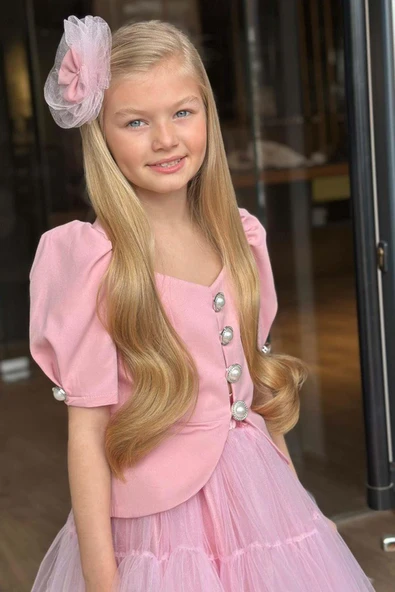 Kız Çocuk Karpuz Kol Düğme Detaylı Ceket Kat Kat Tül Pembe Etekli Takım - Resim 7