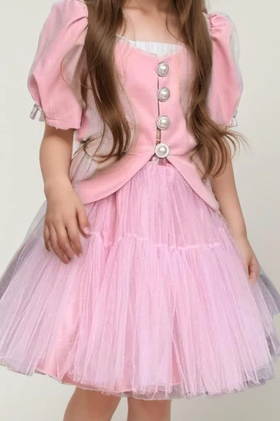 Kız Çocuk Karpuz Kol Düğme Detaylı Ceket Kat Kat Tül Pembe Etekli Takım - Resim 3