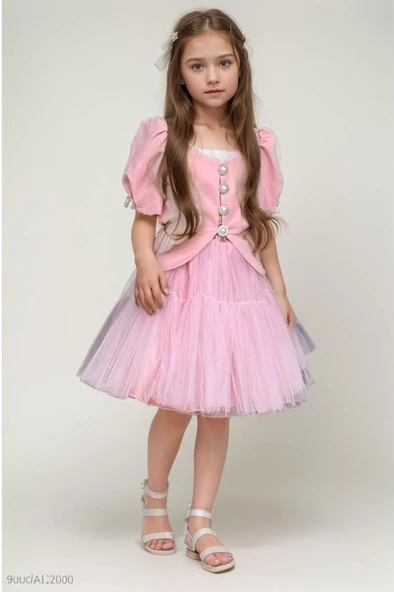 Kız Çocuk Karpuz Kol Düğme Detaylı Ceket Kat Kat Tül Pembe Etekli Takım ürün görseli