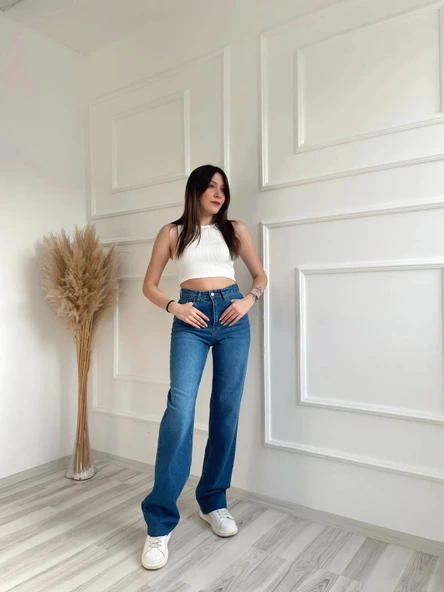 Kadın Geniş Palazzo Kot Pantolon Mavi - 5