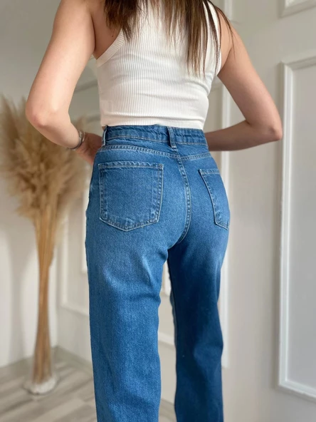 Kadın Geniş Palazzo Kot Pantolon Mavi - 3