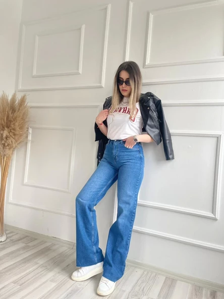 Kadın Geniş Palazzo Kot Pantolon Mavi - 6