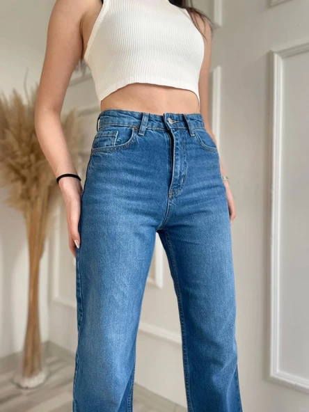 Kadın Geniş Palazzo Kot Pantolon Mavi - 7