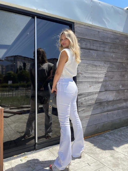 Kadın İspanyol Paça Pantolon Beyaz - Resim 2