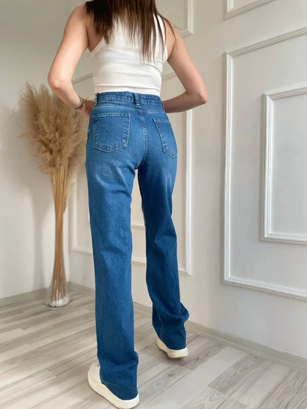 Kadın Geniş Palazzo Kot Pantolon Mavi - 4