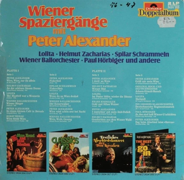 Peter Alexander, Lolita (3), Helmut Zacharias, Spilar Schrammeln*, Wiener Ballorchester*, Paul Hörbiger – Wiener Spaziergänge Klasik 2xLP Vinly Plak alithestereo