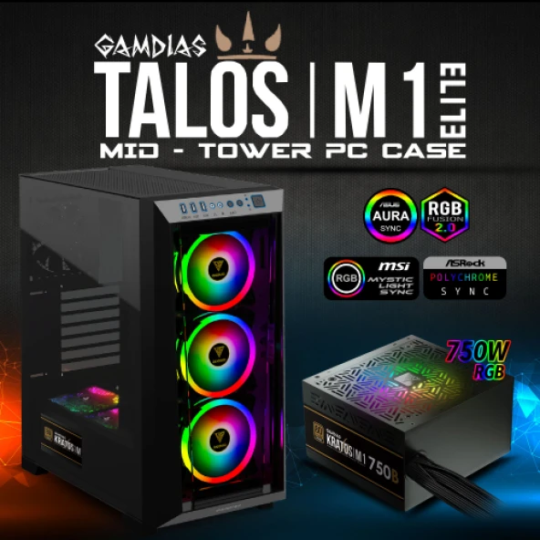 GAMDIAS TALOS M1 Elite, 750W, Tempered Glass, ARGB, 80+ Bronze, ATX GAMING KASA