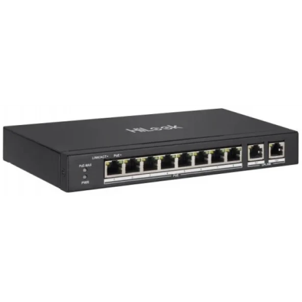 HILOOK NS-0310P-60B, 10Port, Megabit, 8 Port PoE, 60W, +2 Port Gigabit Uplink, Long Range 250Metre, Yönetilemez, Masaüstü Switch
