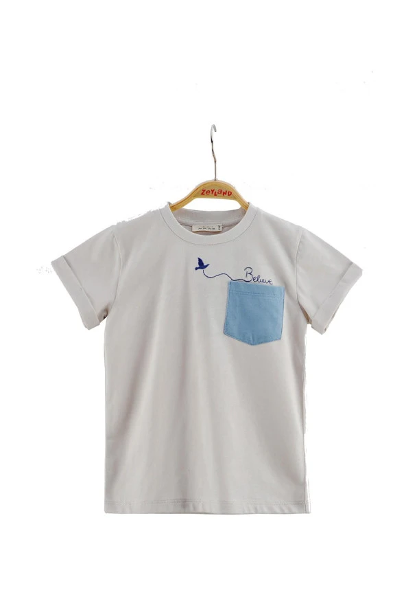 Erkek Bebek Bej Cepli Kuş Detaylı T-Shirt (6ay-4yaş)