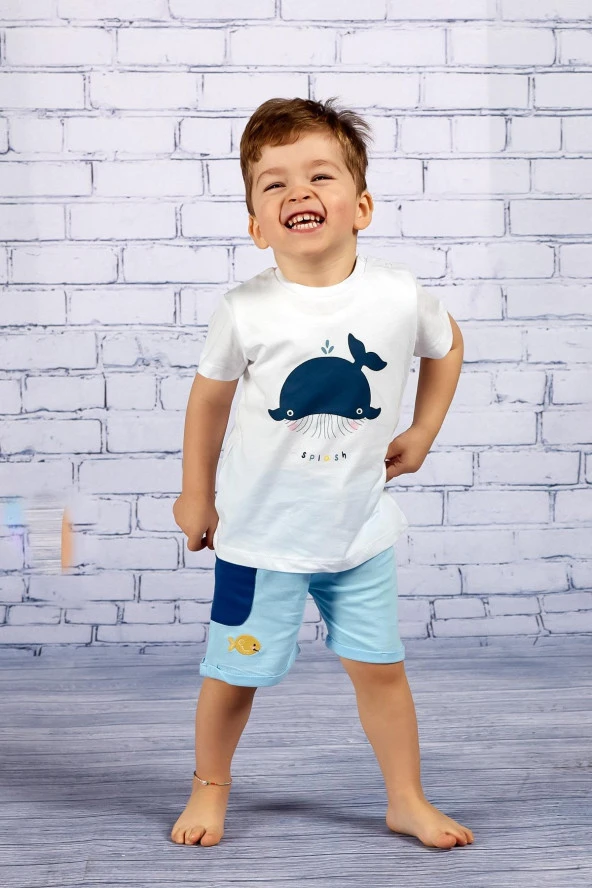 Erkek Bebek Balina Baskılı T-shirt ve Şort Takım