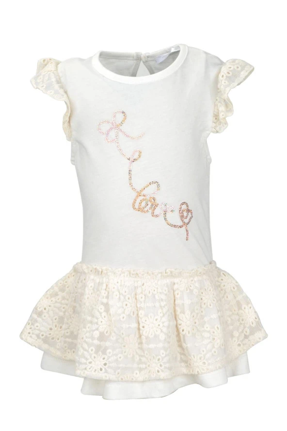 Kız Bebek Ekru Love Pullu Dantelli Elbise (9ay-4yaş)