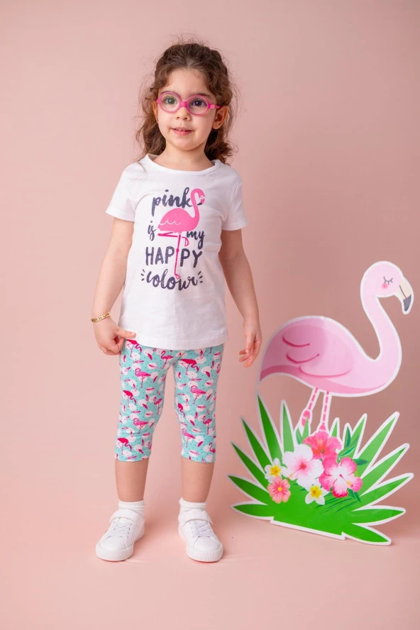 Kız Bebek Beyaz Flamingo Desenli T-Shirt (9ay-4yaş)