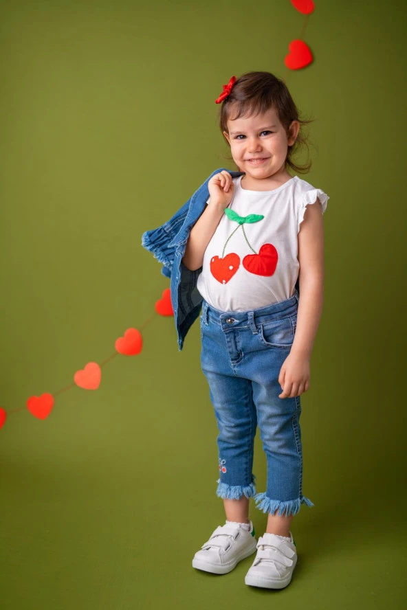 Kız Bebek Beyaz Cherry Aplikeli T-Shirt (9ay-4yaş)