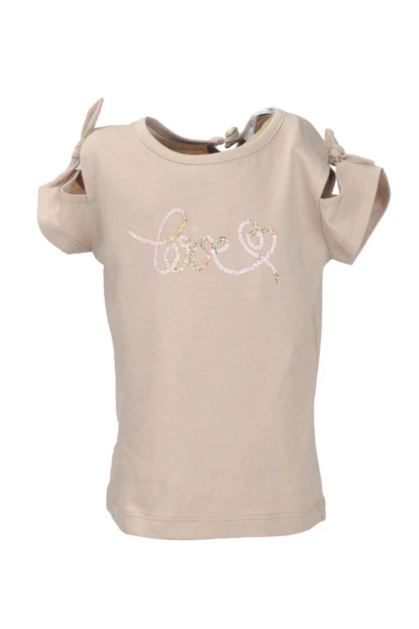 Kız Bebek Bej Love Pullu Omuz Fiyonklu T-Shirt (9ay-4yaş) - 2