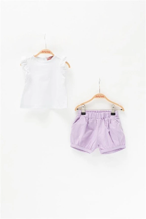 Kız Bebek Kolları Fırfırlı T-Shirt ve Cepli Şort Takım (3-36ay)