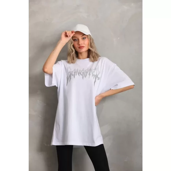 Lucky Life Unisex Taş Desenli Oversize T-Shirt - Beyaz - 4