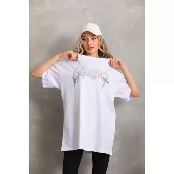 Lucky Life Unisex Taş Desenli Oversize T-Shirt - Beyaz - 3