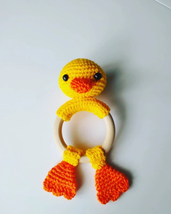 Ördek Diş Kaşıyıcı Çıngırak Amigurumi Organik Oyuncak