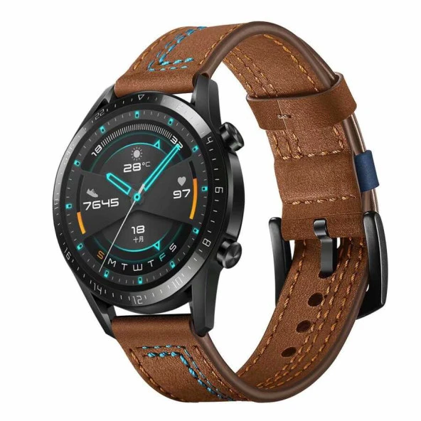 KNY Fossil Sport Smart Watch İçin 22 MM Renkli Dikişli Ayarlanabilir Suni Deri Kayış-Kordon KRD-19 Kahverengi