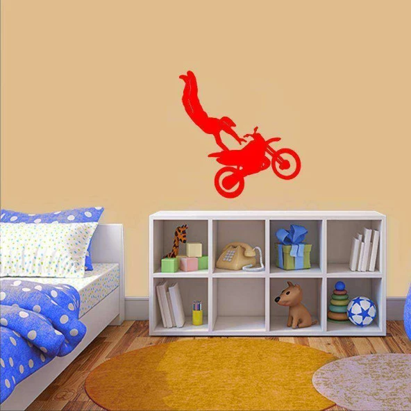 Motorsiklet Yarışçı Gösterisi Silüeti Dekoratif Genç Odası Duvar Sticker, Çıkartma kırmızı