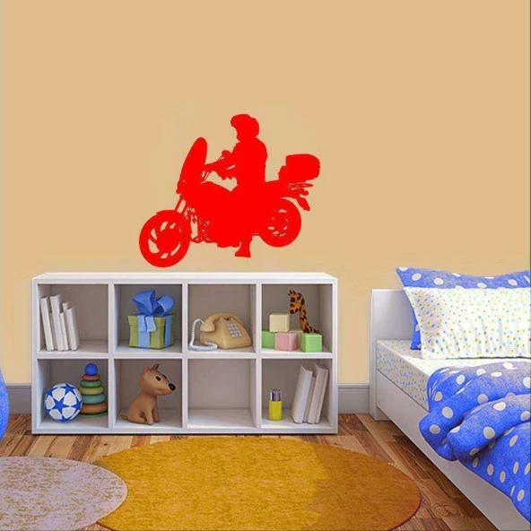Kasklı Motorcu Silüeti Dekoratif Duvar Sticker, Çıkartma, Etiket kırmızı
