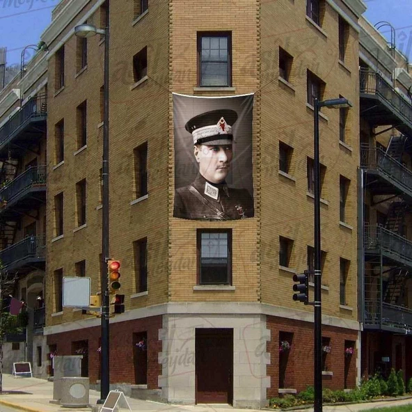 Askeri Üniformalı Gazi Mustafa Kemal Atatürk - Portre Poster Cephe Bayrak -200x300cm -2x3metre