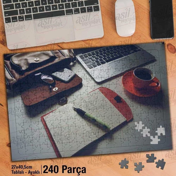 Asil Hobi Laptop - Bilgisayar -Kahve- Defter -Kalem Yapboz -Ayak Destekli Çerçeveli 240 Parça Puzzle