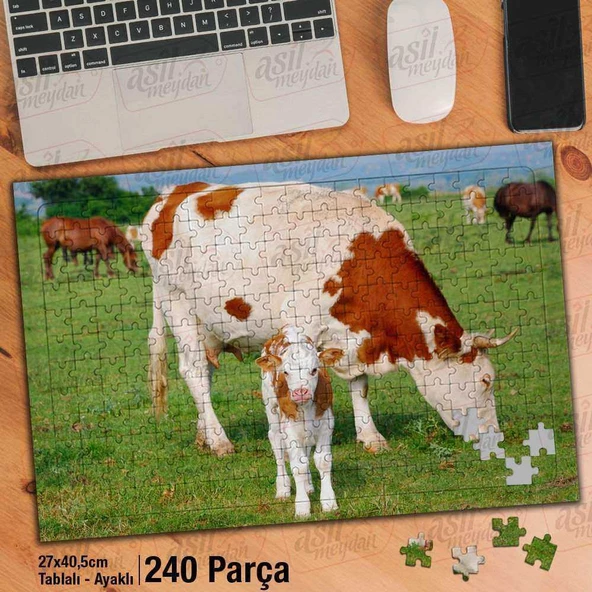 Asil Hobi İnek ve Yavru Dana - Sevimli Hayvanlar Yapboz - Ayak Destekli Çerçeveli 240 Parça Puzzle