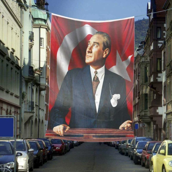 Ay Yıldızlı Sivil Atatürk - Portre-Cephe Poster Bayrak-Okul - Kutlama - Anı -600x900cm - 6x9 metre