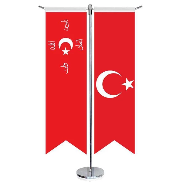 Allah Vatan Namus Bayrağı- Osmanlı Sancağı ve Türkiye - Kırlangıç -Saten T direk 2li Masa Bayrağı