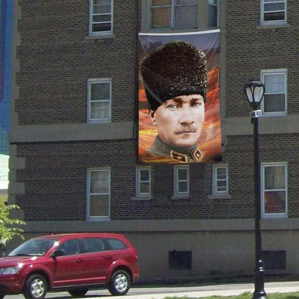 Kalpaklı Mustafa Kemal Atatürk Poster Cephe Bayrağı -Bayrak - 3x4,5 metre