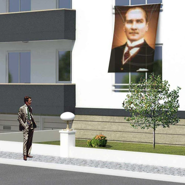 Sivil Mustafa Kemal Atatürk Portre Poster Cephe Bayrağı - 1,5x2,25 metre