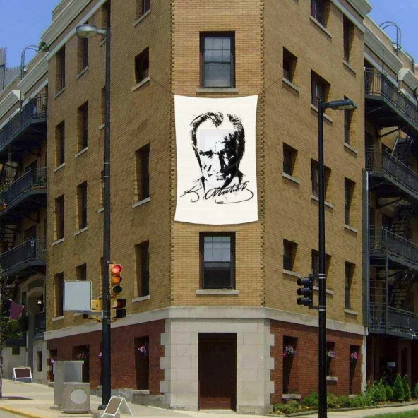 Siyah-Beyaz Mustafa Kemal Atatürk İmzalı Silüeti Poster Bayrağı- 2x3 metre