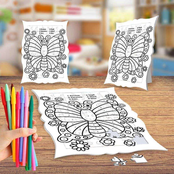 Kelebek ve Çiçekler Boyama Puzzle Tablo Çocuk Eğitici Yapboz - 1