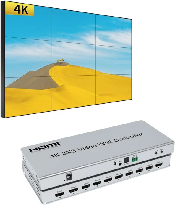 4K 30HZ 3x3 1x9 Tv Görüntü Genişletici Video Duvar Denetleyicisi 1 HDMI Girişli 9 HDMI Çıkışı Video İşlemci Desteği