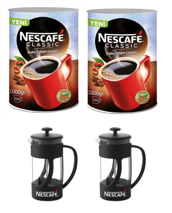 Nescafe Classic - 1000 gr Granül Kahve x 2 Adet + 2 Adet French Press