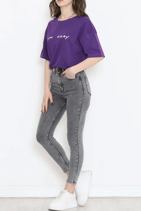 Beli Lastikli Crop Tişört Mor - 4