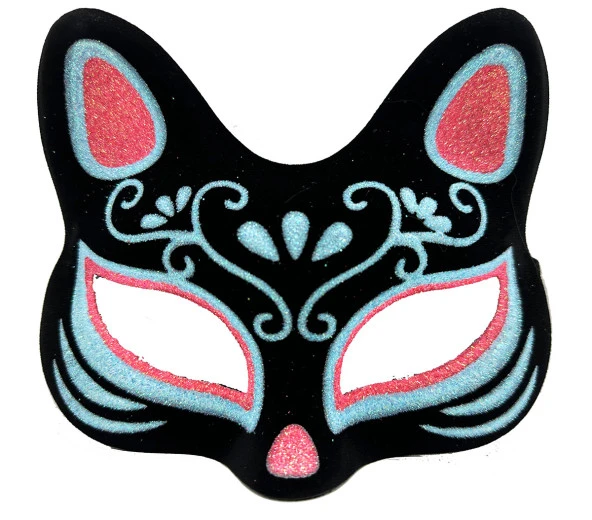 Siyah Renk Üzeri Mavi Kırmızı Simli Süet Kaplama Kedi Maskesi 17x14 cm