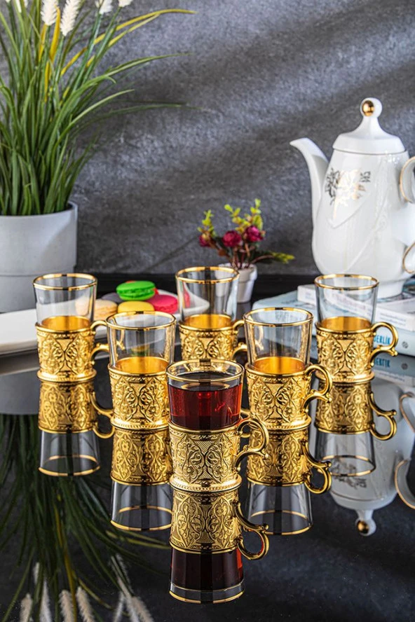 Büyük Çay Fincan Seti 6 Kişilik GOLD Renk Tek Ebat Beden