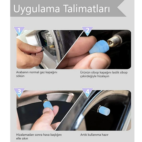 4 Adet Sibop Kapağı Fosforlu Floresan Led Pilsiz Araba Motorsiklet Bisiklet  Lastik Sibop Kapağı - 5