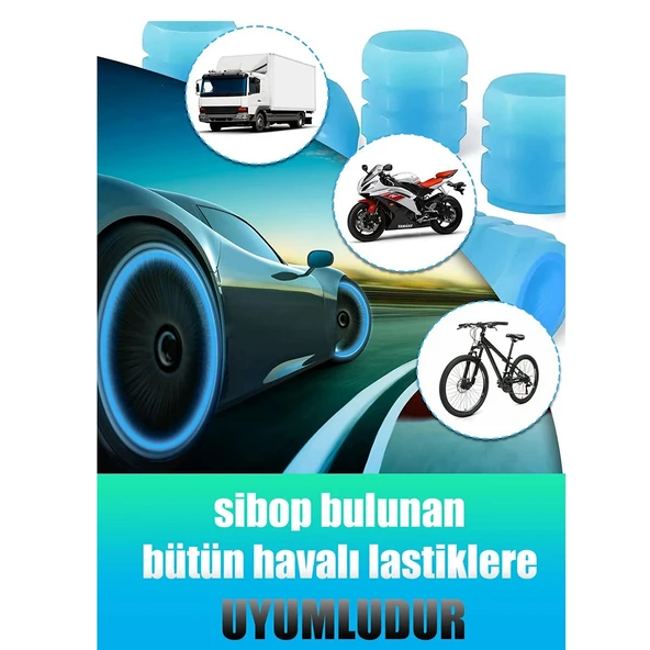 4 Adet Sibop Kapağı Fosforlu Floresan Led Pilsiz Araba Motorsiklet Bisiklet  Lastik Sibop Kapağı - 6