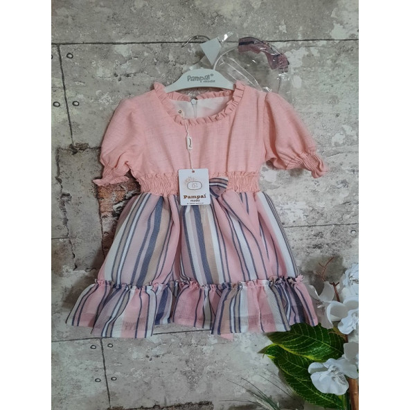 PAMPAL YARIM KOL ÇİZGİLİ TAÇLI ELBİSE - 3