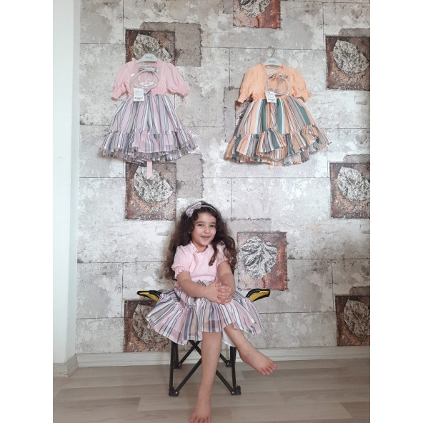 PAMPAL YARIM KOL ÇİZGİLİ TAÇLI ELBİSE - 5