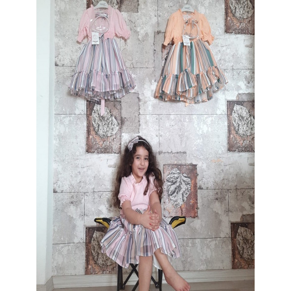 PAMPAL YARIM KOL ÇİZGİLİ TAÇLI ELBİSE - 6