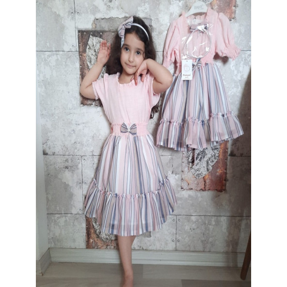 PAMPAL YARIM KOL ÇİZGİLİ TAÇLI ELBİSE - 7